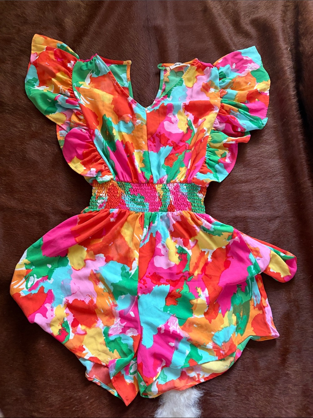 Girls Colorful Flutter-Sleeve Smocked-Waist Romper